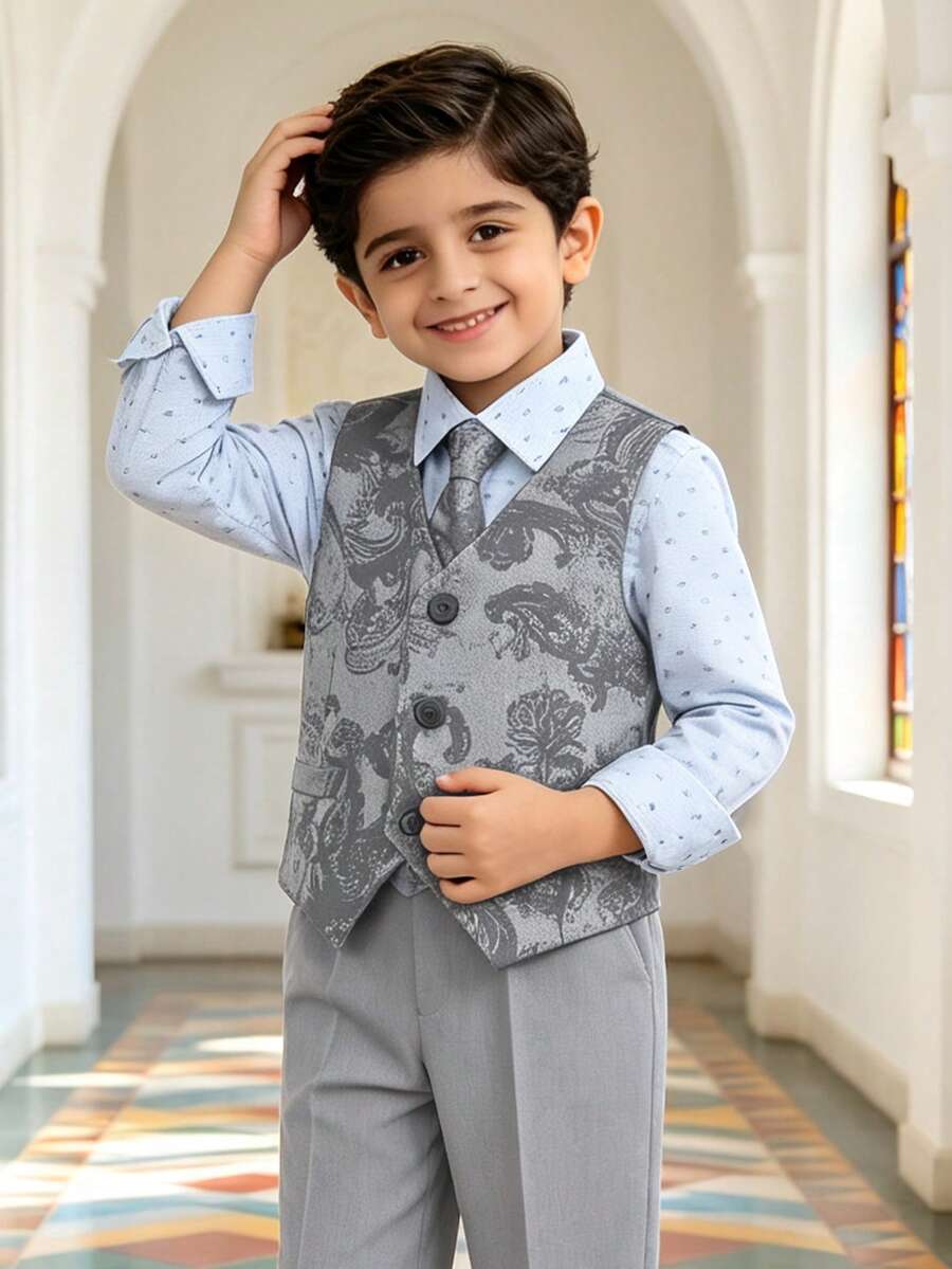 YOKLUN 3pcs Set Young Boys Premium Gentleman Formal Wear Vest + Pants + Tie Suitable For School Performance, Wedding Page Boy, Banquet And Other Occasions