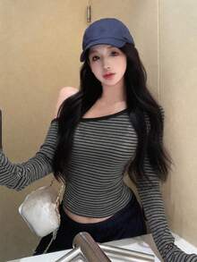初秋條紋不對稱單肩長袖女款修身打底上衣 性感純欲風上衣 - 黑色 - 查看 2