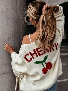 Cardigan Rajut Lengan Panjang Kancing Leher V Motif Ceri Ukuran Plus Kasual - Aprikot - View 1