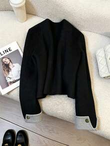 Elegant Round Neck Regular Sleeve Short Woven Women's Jacket With Contrast Color Cuffs, Faux Pockets And Gold Buttons, Ideal For Winter Outfits - Black - View 8