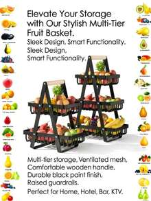 2-Tier & 3-Tier Available, Fruit Basket With Wooden Handle, Portable Fruit Bowl, Kitchen Counter Storage Rack, Detachable Rectangular Metal Basket For Fruits, Vegetables, Bread, Snacks, Banana, Home Decor Organizer - Multicolor - View 3