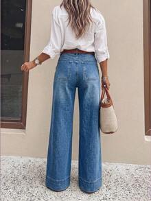 Women's Casual Everyday Washed Cat-Whisker Slant Pocket Straight Leg Jeans Fall - Blue - View 5