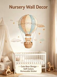 1pc Hot Air Balloon Bear Children's Room Wall Sticker, Hand-Drawn Style Animal Decal, PVC Material, Removable Self-Adhesive Sticker, Suitable For Children's Room Decoration And Kindergarten Wall Decoration - Multicolor - View 2