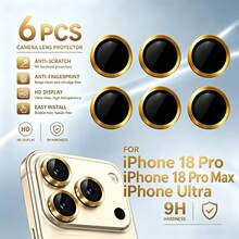 XINHONGYU 6pcs Gold Metal Camera Lens Protector Rings, Perfect Fit, Rear Camera Circular Lens Film, Compatible With IPhone 17 Pro Max/17 Air/16 Pro Max/16 Pro/16 Plus/16/16E/15/14/13 Mini/12/11 Series - Gold - View 1