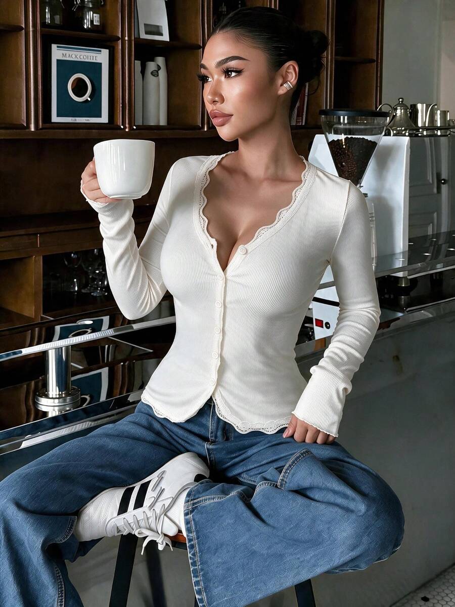 Da Jade Women Fall Winter French V Neck Lace Trim Button Front Long Sleeve Slim Fitted Ribbed Knit Cardigan Sweater Brunch Gathering Vacation Shopping - White - View 1