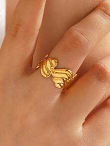 2pcs/Set Stainless Steel Fashion 18K Gold Plated Heart Rings, Suitable For Women's Daily Wear, Holiday, Valentine's Day - Multicolor - View 3