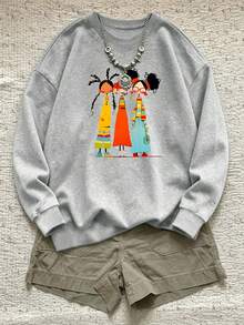 Plus-Size Women's Casual Crew Neck Sweatshirt, Versatile For Everyday Wear And Weekend Outings, Retro Cartoon Girl Graphic Print, Fallfashion Outfit. - Grey - View 6