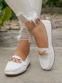 Women's Spring New Gold Chain Elegant Slip-On Loafers, Lightweight Comfortable Versatile Rubber Flat Shoes - White-chain - View 4