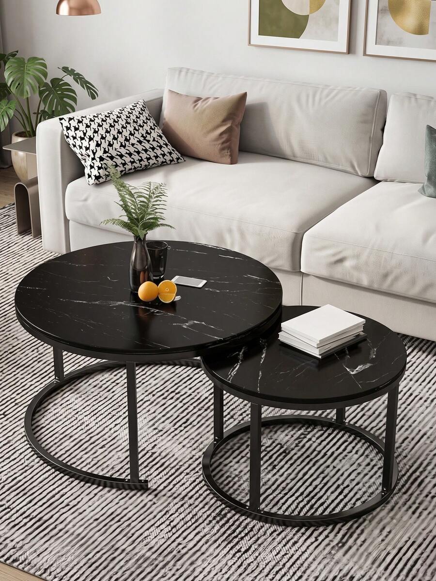 Nested Coffee Table Set, Round Coffee Table, Modern Style Side Table/Bedside Table, Suitable For Bedroom And Living Room. - Black - View 1