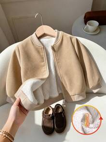Boys' Casual Fashion Solid Color Baseball Collar Zipper Front Long Sleeve Fleece Jacket, Autumn/Winter - Khaki - View 2