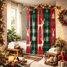 1pc Christmas Print Shower Curtain, Abstract Vintage Polyester Fabric Shower Curtain With 12 Hooks, Suitable For Bathroom Or Bathtub Decoration - Multicolor - View 1