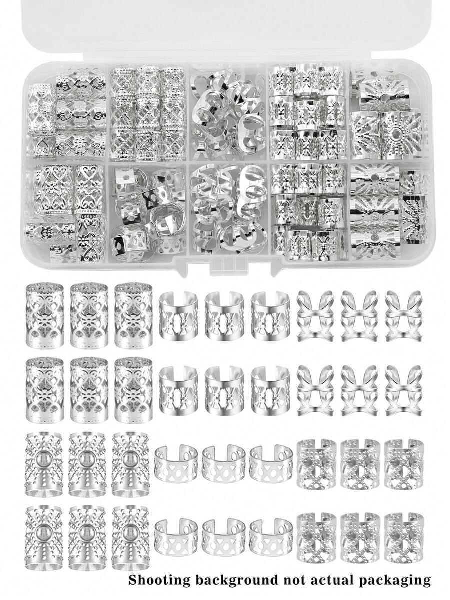 90pcs Multi-Form Hair Rings Floral - Diverse Adjustable Alloy Hair Cuffs, Boho Garden Style Jewelry For Kid's Dreadlocks & Braids (Without Box) - Silver - View 1