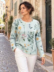 Women's Printed Long Sleeve Pullover Sweater, Ribbed Knit Detail, Regular Length, Polyester Medium Stretch Top, Suitable For Autumn/Winter Wear - Green - View 6