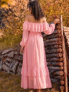Maternity Ruffle White Long Sleeve Ruffle Hem Dress, High Slit Floor Length Gown, Loose Belly-Covering Maternity Dress For Pregnancy Photoshoot, Vacation, Party - Pink - View 2