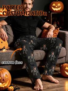 1pc Men's Customized Face Photo Pajama Pants, Personalized Red & White Heart Pattern Lounge Pants, Boyfriend Gift - Multicolor - View 5