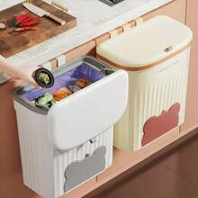 Wall-Mounted Trash Can, Drill-Free Adhesive Kitchen Cabinet Door Garbage Bin, 26cm Long Rectangular Large Opening Easy Sweep In, Push Lid Design Odor-Proof, Space-Saving Compact Design, Hook Or Adhesive 2 Installation Methods, Built-In Trash Bag Storage Compartment, Silicone Comfortable Handle, Fits 99% Cabinets, Cream Brown And White Available - Multicolor - View 2