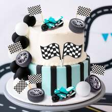 28pcs Motorcycle Theme Cake Decoration Set: Includes Off-Road Motorcycle, Flag And Tire Decorations, Suitable For Birthday Party Desserts - Multicolor - View 1