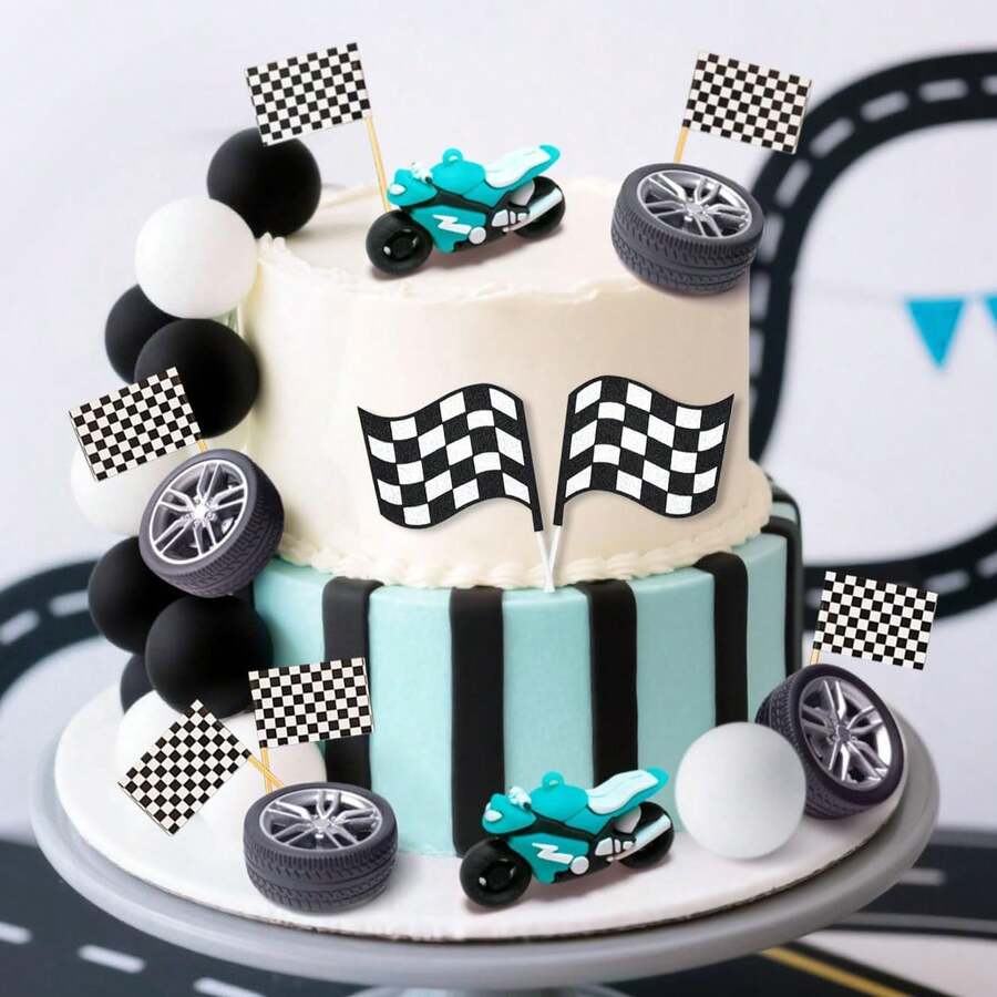 28pcs Motorcycle Theme Cake Decoration Set: Includes Off-Road Motorcycle, Flag And Tire Decorations, Suitable For Birthday Party Desserts - Multicolor - View 1