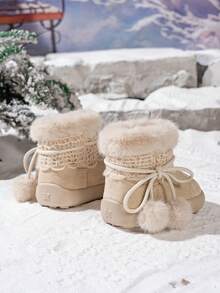 可愛毛球蝴蝶結嬰兒雪地靴 米色超厚絨毛內裡 防滑軟底嬰兒冬季短靴 - 米色 - 查看 6