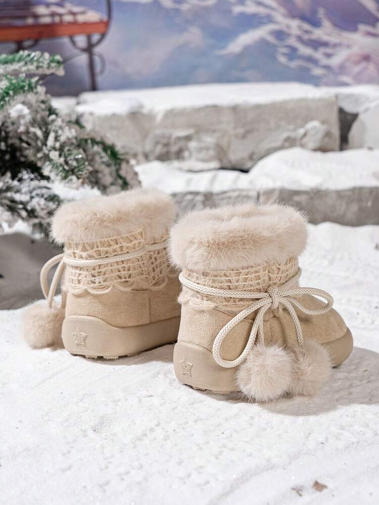 Cute Pom‑Pom Bow Baby Snow Boots, Beige Super Thick Plush Lining, Non‑Slip Soft‑Sole Infant Winter Ankle Boots - Beige - View 5