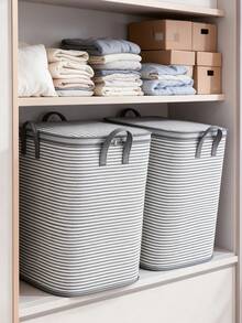 1PC Grey Striped Large‑Capacity Storage Bag With Zipper & Reinforced Handles, Fabric Closet Organizer For Comforters, Blankets, Seasonal Clothes, Space‑Saving Bin For Bedroom, Wardrobe, Dorm, Moving, Storage Room & Balcony - Multicolor - View 3