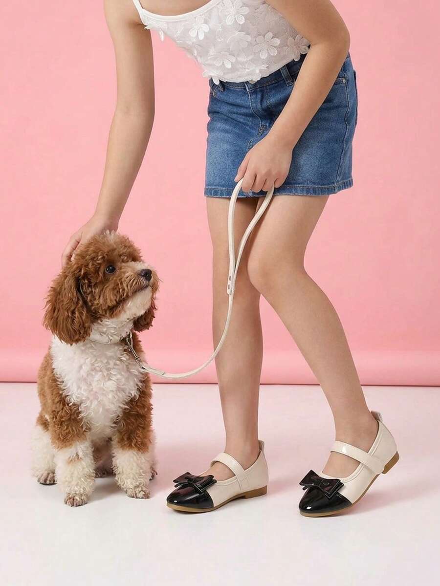 Girls' Black & Beige Colorblock Bow Hook & Loop Soft Versatile Shoes, Suitable For Outings And School Life - Beige - View 1