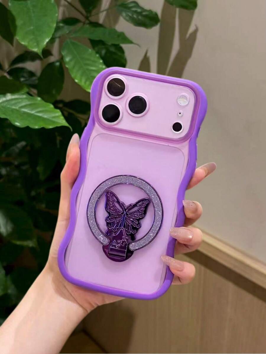 1PC TPU Wavy Edge Matte Phone Case With Glitter Butterfly Kickstand, Stylish Daily‑Use Protective Shell, Sweet Holiday Gift For Mom, Besties And Female Friends, For Apple12 Pro Max,13 Pro Max,14 Pro Max,15,16 Pro Max,17 Pro Max