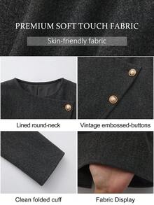 ROSIE POPHUB Blazer Wol Pendek Kerah Bulat Abu-abu Wanita Kancing Emas Diagonal Ramping Elegan Jaket Kantor untuk Musim Gugur dan Musim Dingin - Dark Grey - View 9