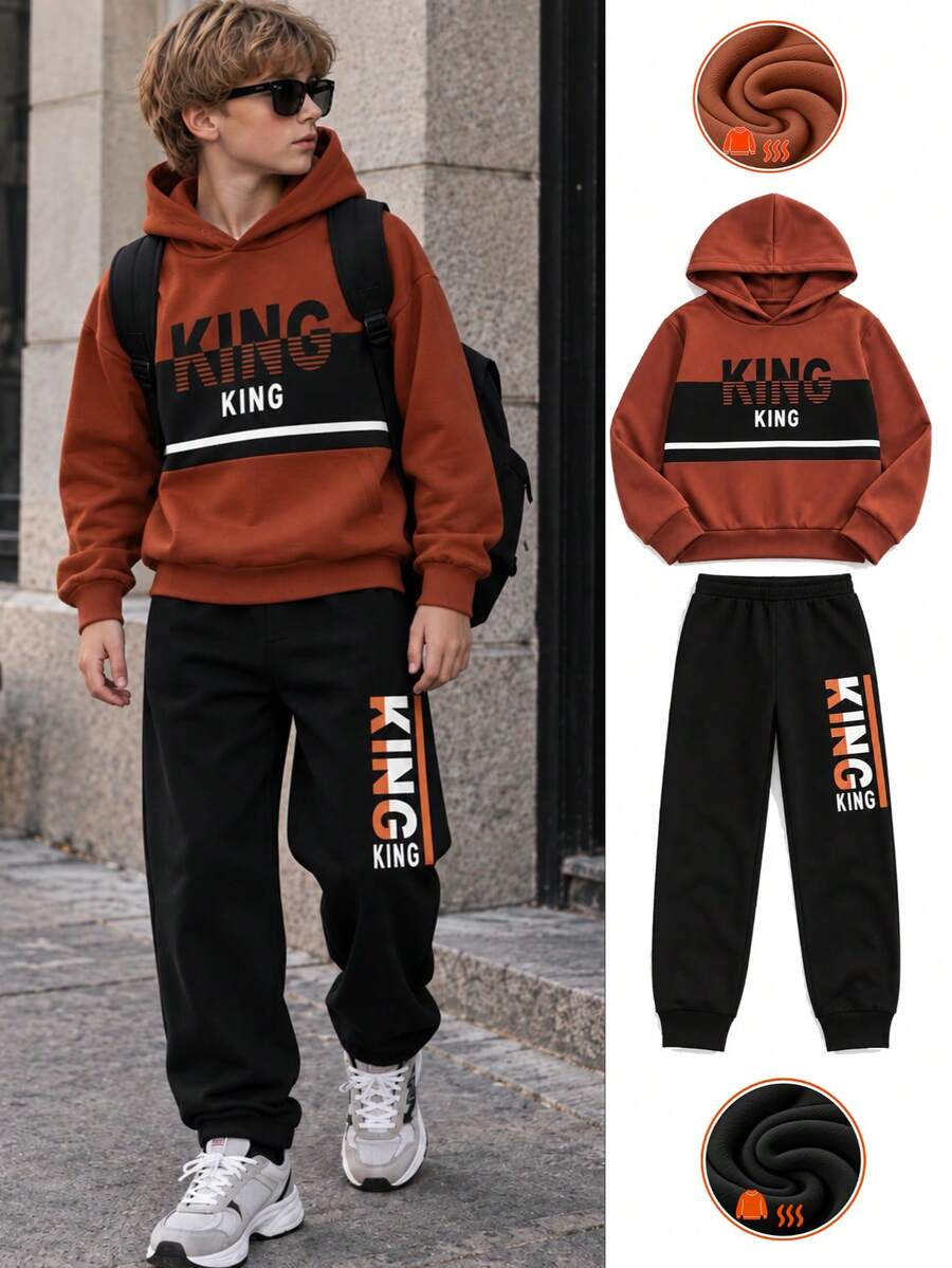 Tween Boy 2set Thermal Lined Thick Sweatshirt + Sweatpants Set, Autumn/Winter Clothing Set, Young Student Children's Wear, Suitable For Daily Wear - Multicolor - View 1