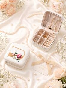 Letter PU Leather Portable Travel Jewelry Storage Box For Women, Stores Necklaces And Rings,Gift Ideas,Suitable For Home Storage And Commuting. - Flowers Letter 2 - View 86