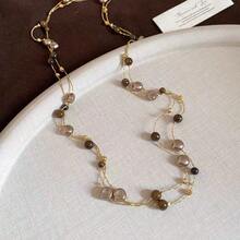 Double Layer Pearl Necklace Maillard Tiger Eye Stone Long Multi-Layer Stacked Necklace Women Autumn/Winter Premium Sweater Chain - Multicolor - View 3