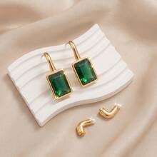 1 Pair Fashionable Vintage Luxury Multi-Color Sparkling Rectangular Rhinestone Dangle Earrings With Long Ear Backs, Elegant Jewelry - Earrings - View 7