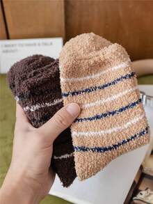 3 Pairs Men's Comfortable Black Striped Socks, Solid Color Warm, Soft And Fluffy Comfortable Mid-Calf Socks For Winter - Multicolor - View 10