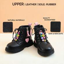 Cute Little Girl Heart Pattern Ankle Boots, Sweet Pink Detail Side Zipper Lace-Up Non-Slip Thick Sole Combat Boots, Suitable For Autumn/Winter - Black - View 7