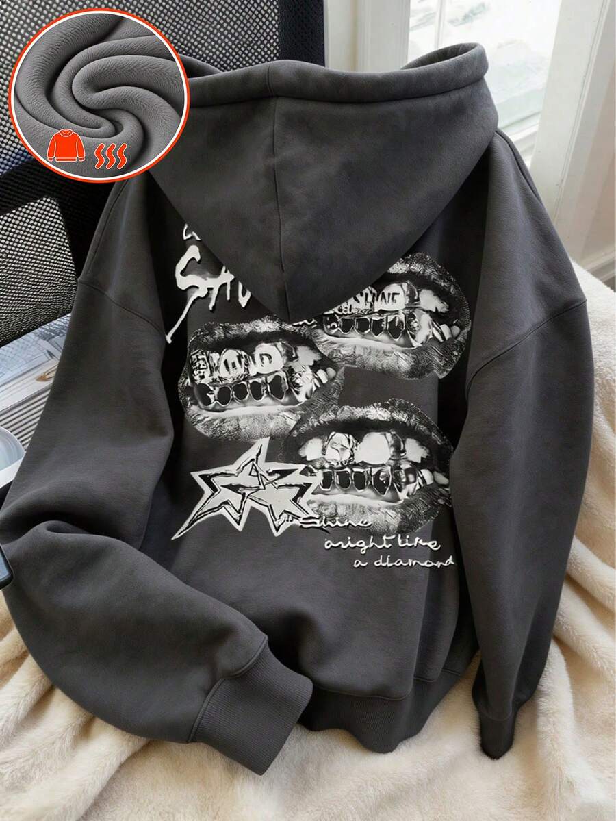 Tween Girl 1pc Thermal Lined Thick Warm Hooded Sweatshirt, Young Student Clothing, Suitable For Children's Autumn/Winter Long Sleeve Top - Dark Grey - View 1