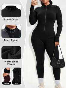 Plus Size Women's Fleece Lined Jumpsuit, Solid Black Zipper Stand Collar Long Sleeve High Elastic Slim Fit Jumpsuit - Black - View 3