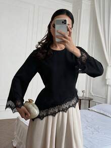 Trumpet Sleeve Round Neck Back Tie Waist Cincher Asymmetrical Hem Lace Patchwork Top, Suitable For Casual Daily Wear, Dating And Vacation - Black - View 6