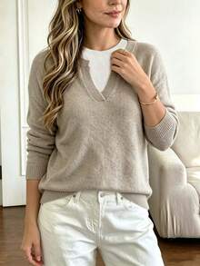 Plus Size Casual Fashion 2 In 1 Patchwork Crew Neck Contrast Color Long Sleeve Knit Pullover Sweater - Khaki - View 6