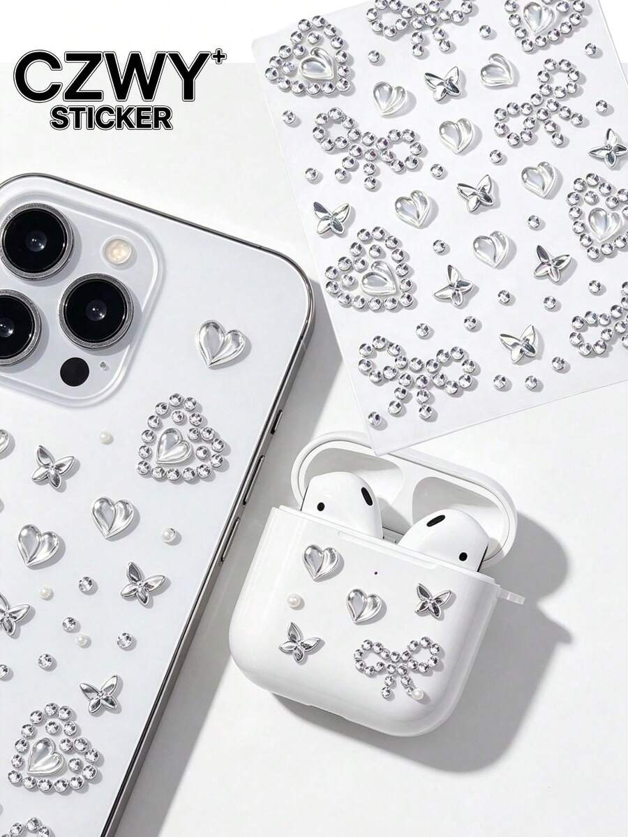 1pc Silver Cool Rhinestone Decor Sticker, Computer Phone Decorative Sticker, Comes With Tweezers, Cold Silver Heart Butterfly Faux Rhinestone Decor Sticker, Compatible With Phone Case, Tablet, Earphone Case - Heart Bow - View 1