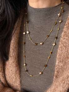 Double Layer Pearl Necklace Maillard Tiger Eye Stone Long Multi-Layer Stacked Necklace Women Autumn/Winter Premium Sweater Chain - Multicolor - View 2
