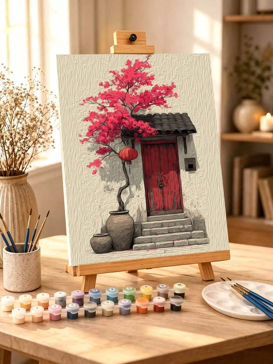 DIY Zen Red Door Flower Tree (Frameless Or Framed 8x12 / 16x20 Inches) Paint By Numbers Kit(Acrylic) Arts & Crafts For Adult Beginners, Relaxing Home Wall Decor, And Creative Holiday Gifts - Sets - View 1