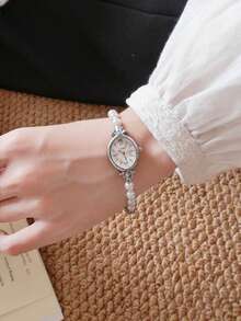 1 pieza Reloj de pulsera de cuarzo minimalista y retro casual para mujer, adecuado para uso diario - Plateado - Ver 8