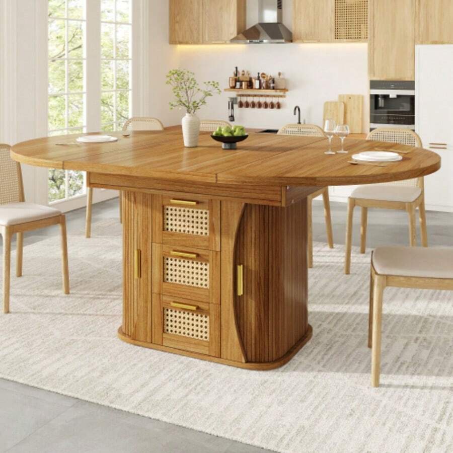 Extendable Dining Table 118-158cm, Dining Table With Rattan Storage Drawers, MDF Wood Look, Black & Natural Oak Style - Brown - View 1