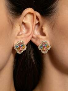 1pair Luxury Rainbow Crystal Four‑Leaf Clover Earrings Women Elegant Fashion Ear Jewelry - Colorful Cubic Zirconia Four-leaf Clover Stud Earrings - View 5