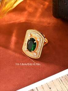 1pc Vintage Palace Style Copper Material Ladder Shield Shaped Densely Inlaid Rhinestones Emerald Main Stone Open Ring, Women's Evening Party Cocktail Annual Meeting Gala Dress Accessory - Multicolor - View 2