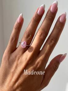 MADEONE 1pc Cute Super Bright Teardrop Single Diamond Ring, Suitable For Women's Work, Date And Daily Wear - Pink Diamond - View 3
