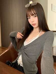 Korean Pure Desire Style Sexy Grey Striped 2-In-1 Halter Twist Long Sleeve T-Shirt Women's Autumn Lace Slim Fit Inner Layer Top - Dark Grey - View 2
