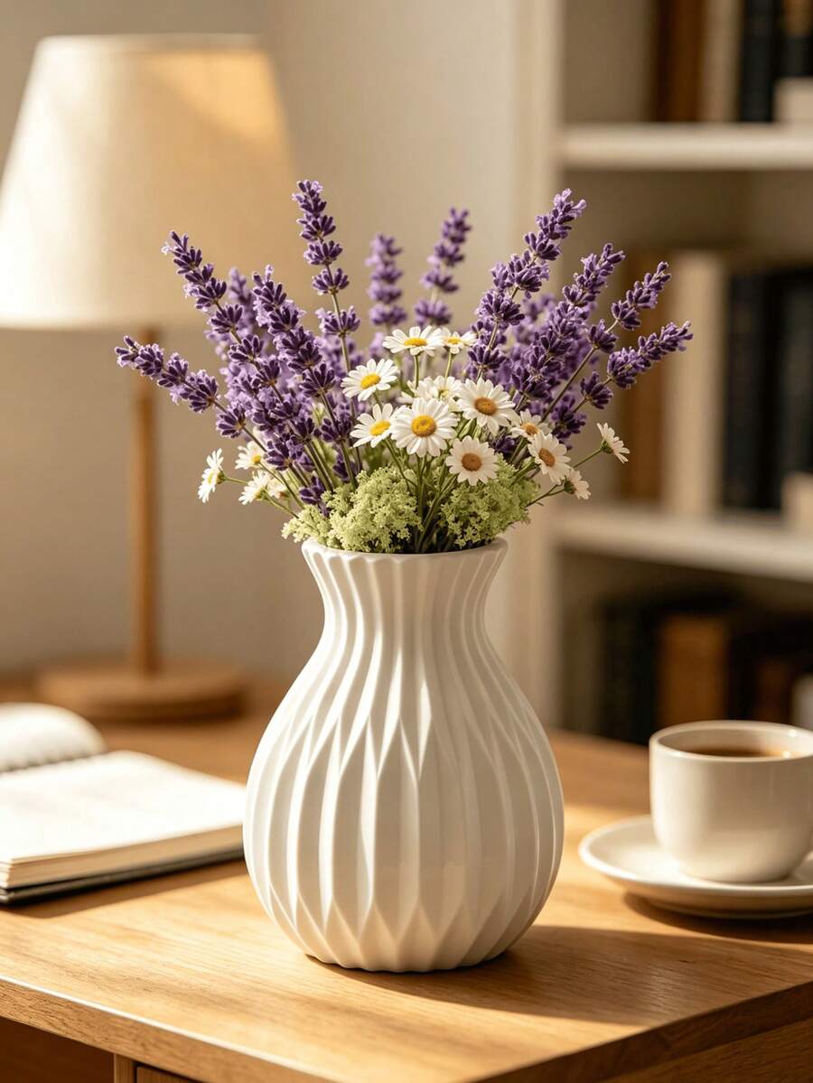 1pc Elegant Ribbed Vase, Textured Wave Design, Modern Minimalist Aesthetic Decorative Vase, Bedroom Nightstand, Living Room, Dining Table, Wedding Home Decor, Tabletop Floral Centerpiece, Styling Prop - A - View 1
