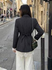 Fashion Women's Long Sleeve Fine Striped Blazer, Double-Button Design, Decorated With Delicate Contrast Lace, Regular Fit Woven Top - Black - View 2