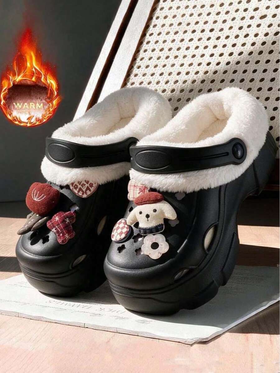 Autumn/Winter New Cute Cartoon Plush Lined Clog Shoes EVA Lightweight Soft Sole Home Outdoor Versatile Commute Warm Plush Slippers - Black - View 1